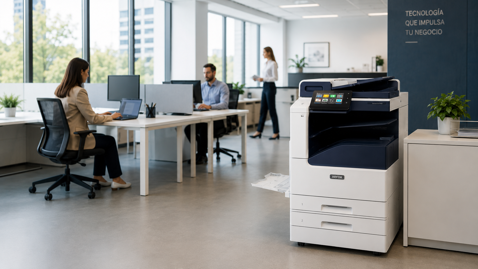 Oficina con equipo Xerox para renovación de impresoras